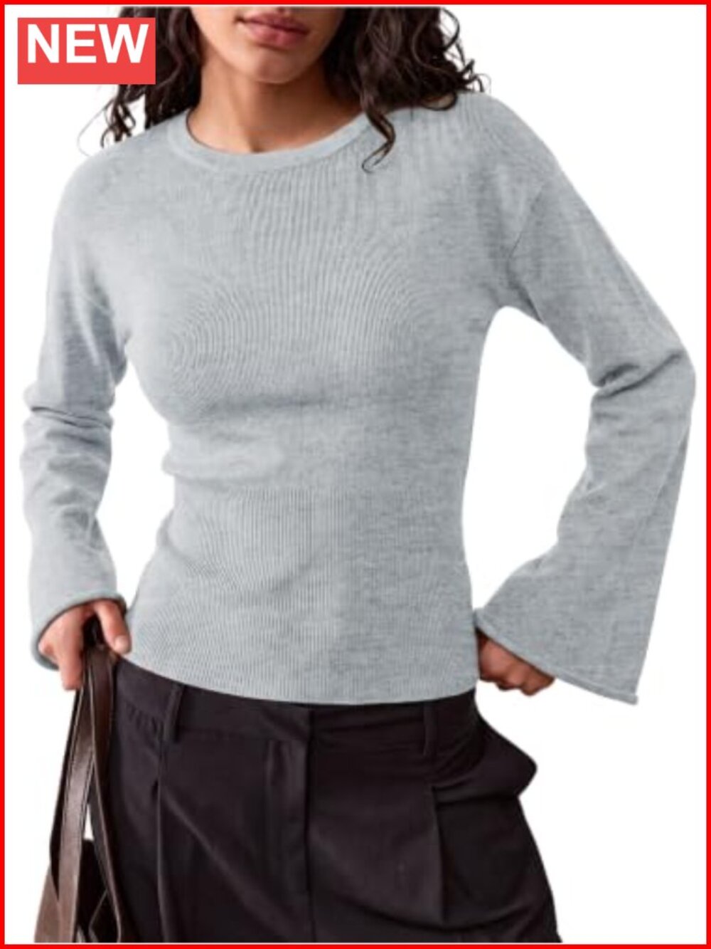 Women's Bell Sleeve Knit Sweater Crew Neck Pullover Fitted